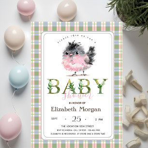 Cute Chicken Green Pink Plaid Baby Shower  Invitation