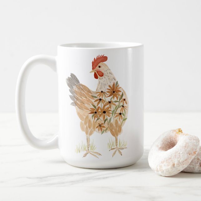 Cute Chicken Mug Watercolor Flowers (With Donut)