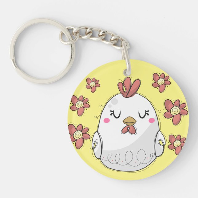 Cute Chicken with Flowers Key Ring (Front)