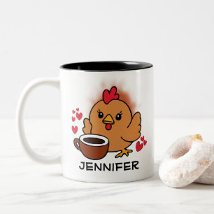 Cute Chicken with Hearts Personalised Name Two-Tone Coffee Mug