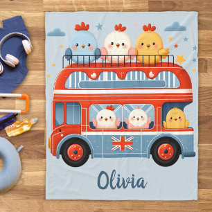 Cute Chickens and London Bus Fleece Blanket