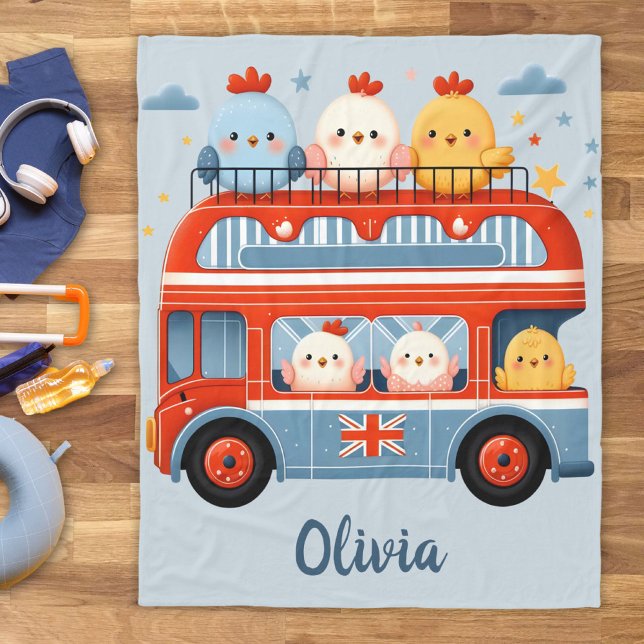 Cute Chickens and London Bus Fleece Blanket (Creator Uploaded)