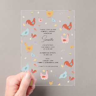 Cute Chickens Hens and Baby Chicks Bridal Shower Acrylic Invitations
