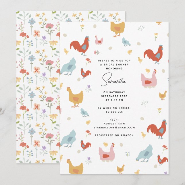 Cute Chickens Hens and Baby Chicks Bridal Shower Invitation (Front/Back)