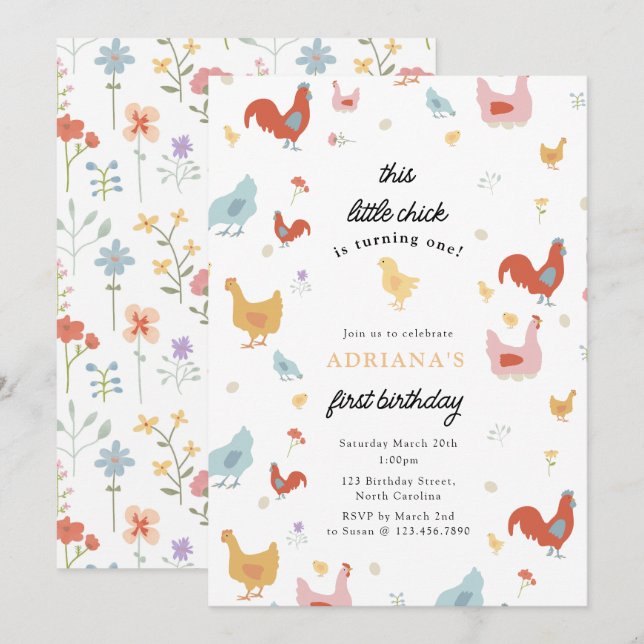 Cute Chickens Hens and Chick Girl First Birthday Invitation (Front/Back)