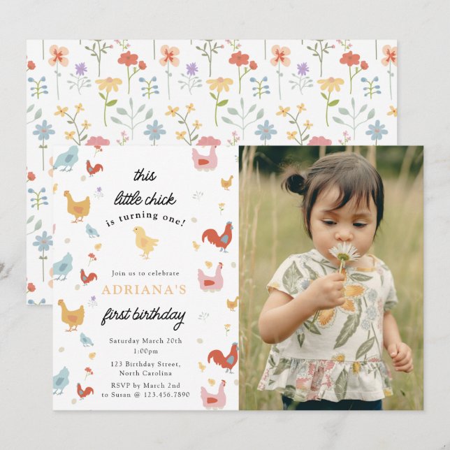 Cute Chickens Hens Chick Girl First Birthday Photo Invitation (Front/Back)