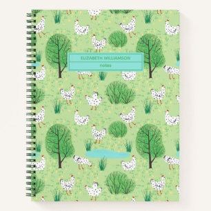 Cute Chickens in a Green Meadow with Trees Name Notebook