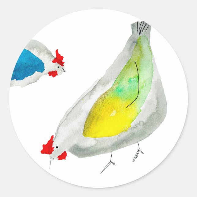 Cute chickens watercolor art classic round sticker (Front)