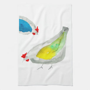 Cute chickens watercolor art tea towel