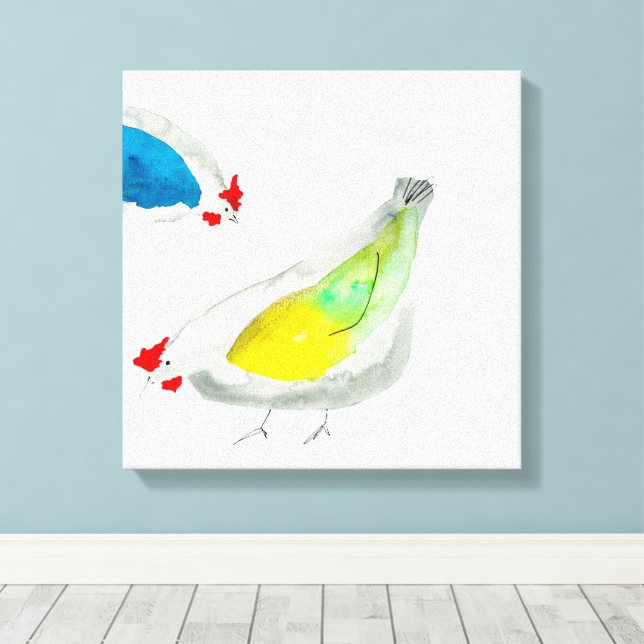 Cute chickens watercolor canvas print (Insitu(Wood Floor))