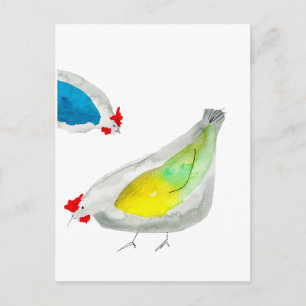 Cute chickens watercolor postcard