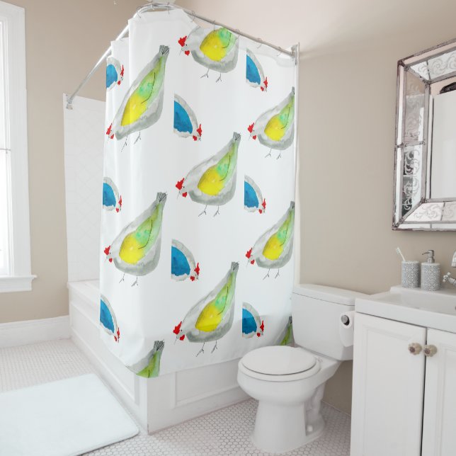 Cute chickens watercolor shower curtain (In Situ)