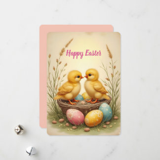 Cute chicks and colorful Easter eggs, nostalgic  Holiday Card