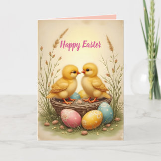 Cute chicks and colorful Easter eggs, nostalgic  Holiday Card