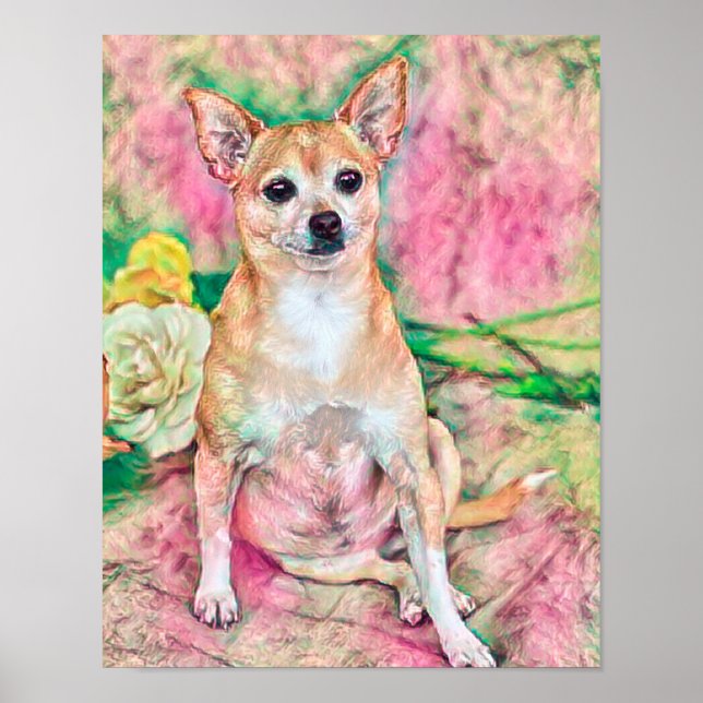 Cute Chihuahua Art Pink Green Dog Portrait Poster (Front)