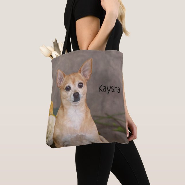 Cute Chihuahua Dog Floral Art Pet Portrait Tote Bag (Close Up)