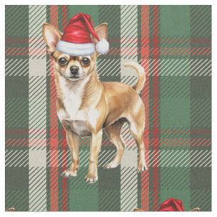 Cute Chihuahua Dog Green and Red Plaid Christmas Fabric