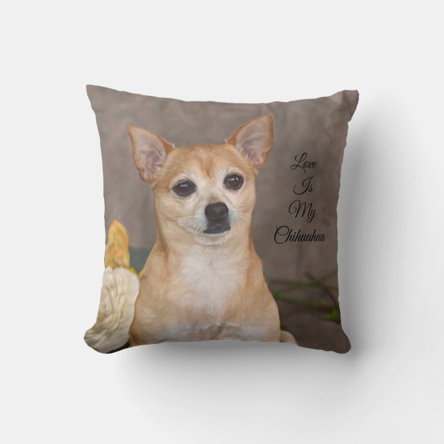Cute Chihuahua Dog Portrait Floral Pet Art Cushion (Front)