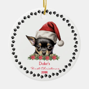 Cute Chihuahua Dog Santa Hat Paw Pencil Art  Ceramic Tree Decoration