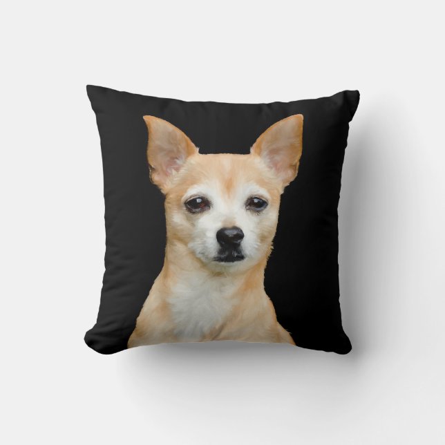 Cute Chihuahua Dog Tan Black Art Pet Portrait Cushion (Front)