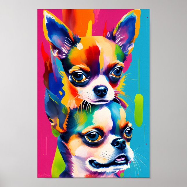 Cute Chihuahua Dogs, Colorful Digital Portrait Dog Poster (Front)
