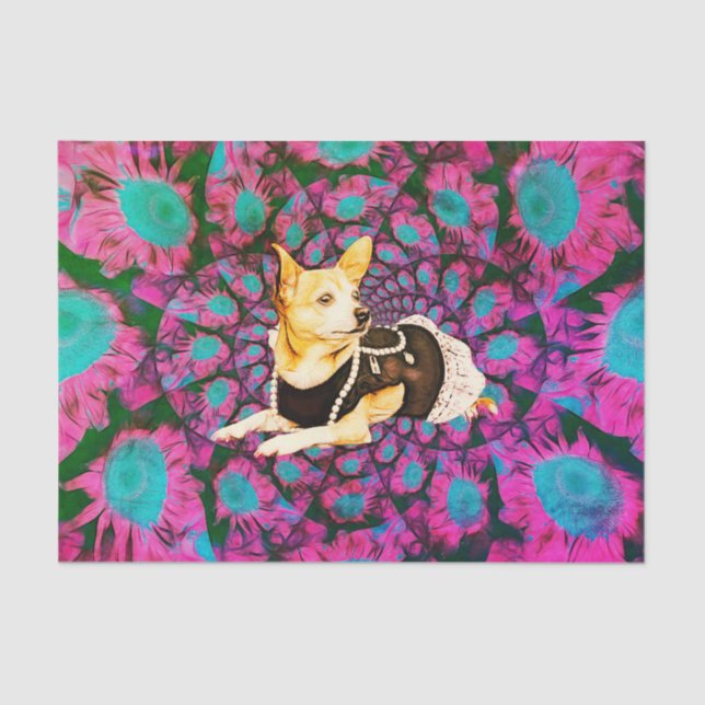 Cute Chihuahua Floral Pink Teal Boho Dog Art Tissue Paper (Front)