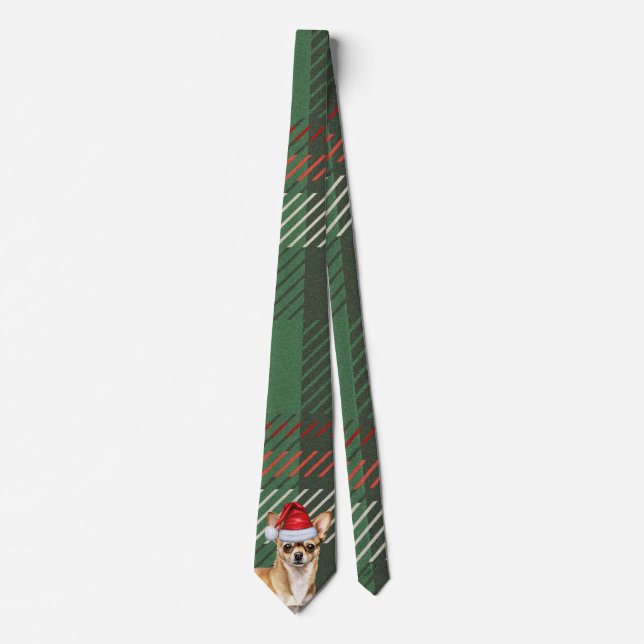 Cute Chihuahua Green Red Plaid Christmas Holiday Tie (Front)