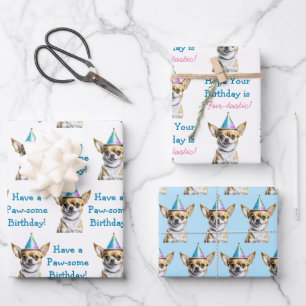 Cute Chihuahua in Birthday Hat Wrapping Paper Sheet