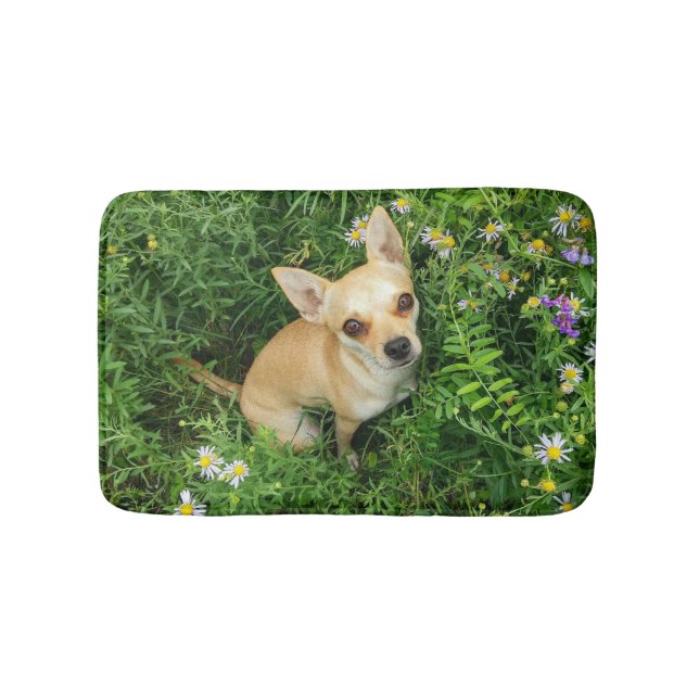 Cute Chihuahua in Grass Meadow Bath Mat (Front)