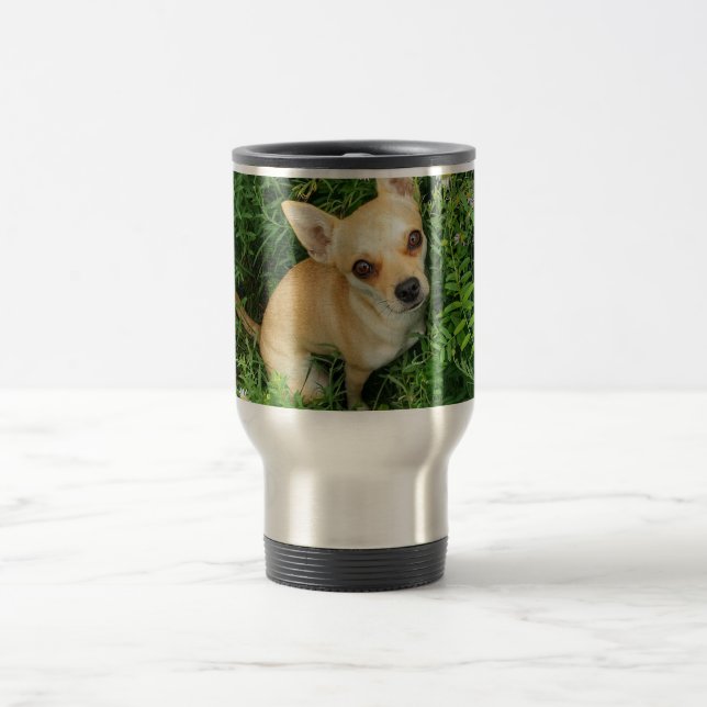 Cute Chihuahua in Grass Meadow Travel Mug (Center)