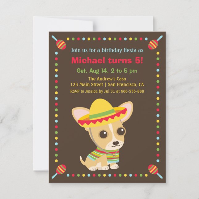 Cute Chihuahua Mexican Fiesta Kids Birthday Party Invitation (Front)
