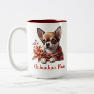 Cute Chihuahua Mom Dog Puppy with Flowers Two-Tone Coffee Mug