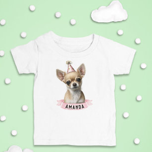 Cute Chihuahua Pink Party Hat Girly with Name Toddler T-Shirt