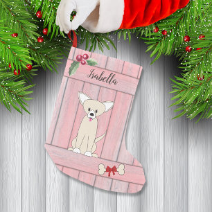 Cute Chihuahua Pink Wooden Fence Monogram Small Christmas Stocking