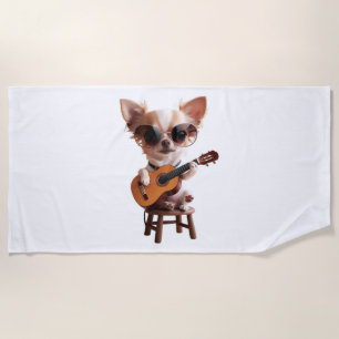 cute chihuahua playing classical guitar cartoon fu beach towel