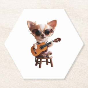 cute chihuahua playing classical guitar cartoon fu paper coaster