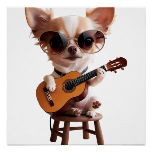 cute chihuahua playing classical guitar cartoon fu poster