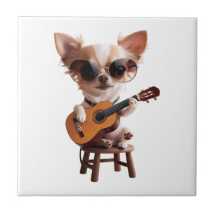 cute chihuahua playing classical guitar cartoon fu tile