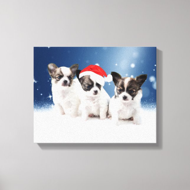Cute Chihuahua Puppies with Santa Hat Christmas Canvas Print (Front)