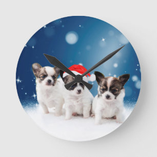 Cute Chihuahua Puppies with Santa Hat Christmas Round Clock