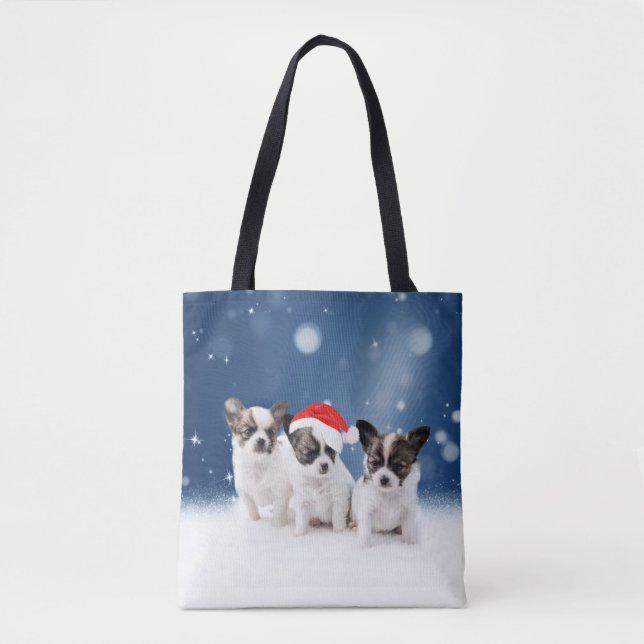 Cute Chihuahua Puppies with Santa Hat Christmas Tote Bag (Front)