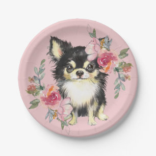 Cute Chihuahua Puppy and Flowers Watercolor Art  Paper Plate
