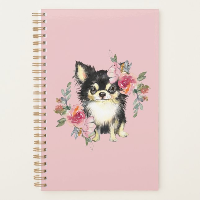Cute Chihuahua Puppy and Flowers Watercolor Art  Planner (Front)