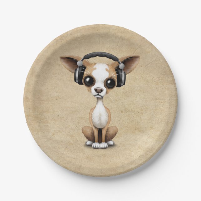 Cute Chihuahua Puppy Dj Wearing Headphones Paper Plate (Front)