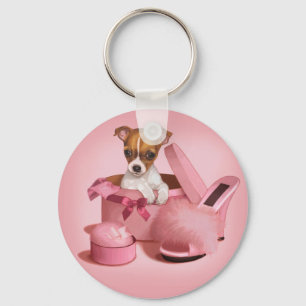 Cute Chihuahua Puppy in Hatbox Key Ring