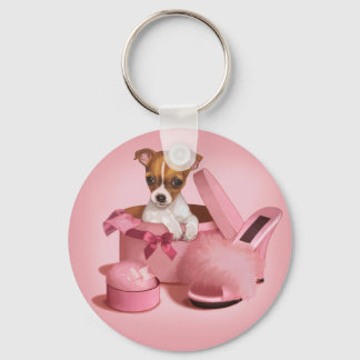 Cute Chihuahua Puppy in Hatbox Key Ring