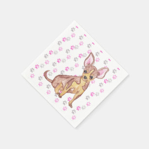 Cute Chihuahua Puppy in Watercolor and Paw Prints Napkin