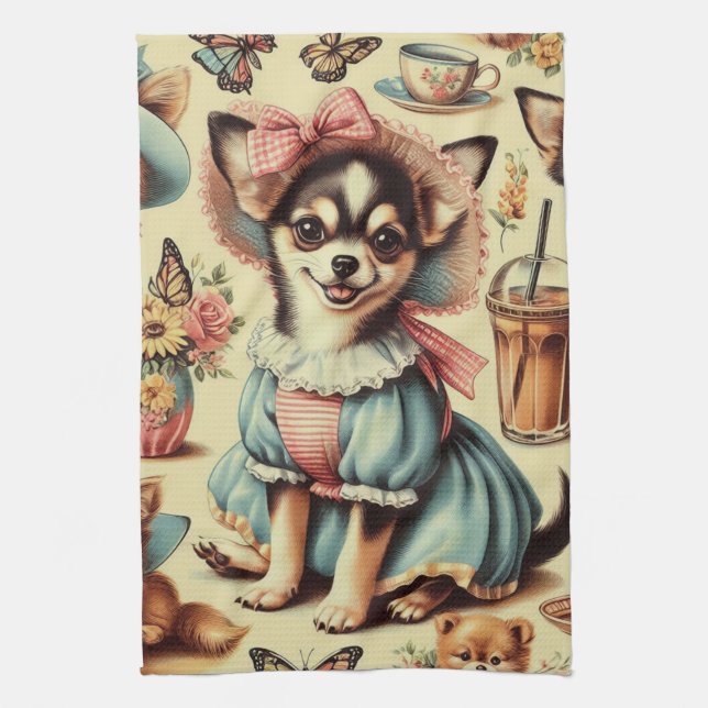 Cute Chihuahua Puppy Painting Tea Towel (Vertical)