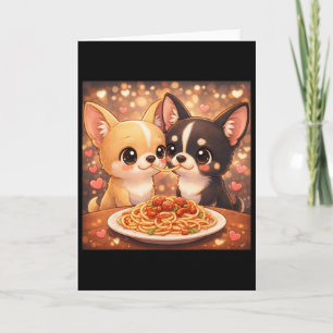 Cute Chihuahua Valentine`s Day Dogs Sharing Spaghe Card