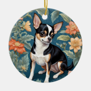 Cute Chihuahua William Morris Inspired Floral Ceramic Tree Decoration